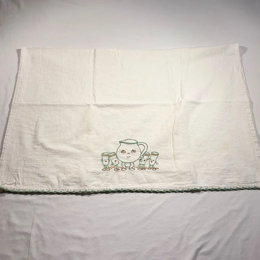 Vintage Tea Towel Hand Embroidered Anthropomorphic Pitcher and Glasses MCM